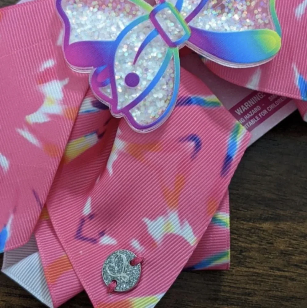JOJO SIWA Girls Large Pink Hair Bow With Tie Dye Stripes & Glitter Shaker